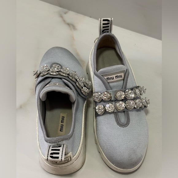 Miu Miu Grey Crystal Embellished Slip-On Sneakers Size 36.5 - Picture 7 of 14